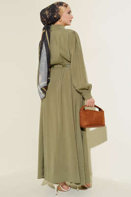 Kemerli Boydan Düğmeli Modal Elbise Haki - Elbise