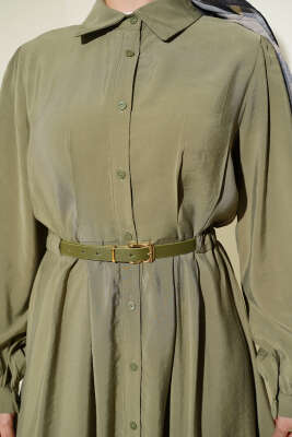 Kemerli Boydan Düğmeli Modal Elbise Haki - Elbise