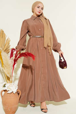 Kemerli Boydan Düğmeli Modal Elbise Kahve - BERAT TEKSTİL