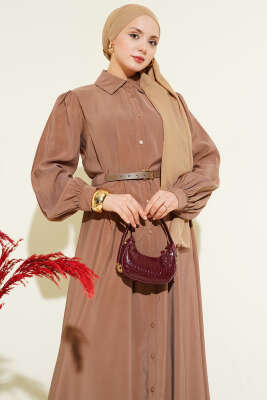 Kemerli Boydan Düğmeli Modal Elbise Kahve - Tesettür Elbise