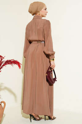 Kemerli Boydan Düğmeli Modal Elbise Kahve - Tesettür Elbise