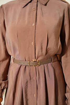 Kemerli Boydan Düğmeli Modal Elbise Kahve - Tesettür Elbise