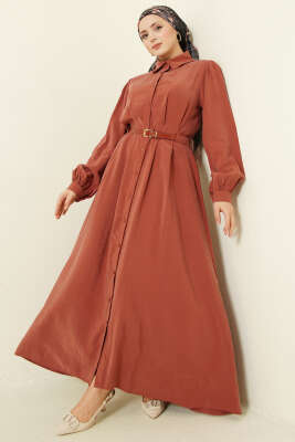 Kemerli Boydan Düğmeli Modal Elbise Kiremit 