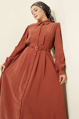 Kemerli Boydan Düğmeli Modal Elbise Kiremit - Tesettür Elbise