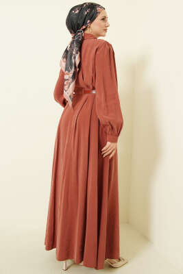 Kemerli Boydan Düğmeli Modal Elbise Kiremit - Tesettür Elbise