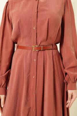 Kemerli Boydan Düğmeli Modal Elbise Kiremit - Tesettür Elbise