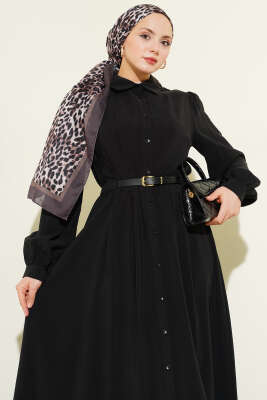 Kemerli Boydan Düğmeli Modal Elbise Siyah - Bayram Kombinleri