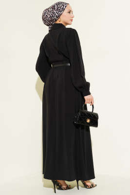 Kemerli Boydan Düğmeli Modal Elbise Siyah - Bayram Kombinleri