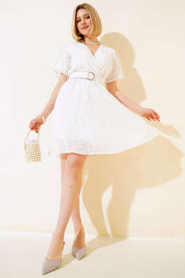 Kemerli Brodeli Elbise Ekru - Kadın Giyim Modelleri