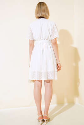 Kemerli Brodeli Elbise Ekru - Kadın Giyim Modelleri