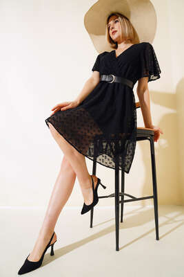 Kemerli Brodeli Elbise Siyah - ESTELLE