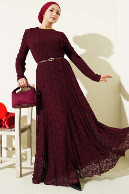 Kemerli Büzgü Dantelli Elbise Bordo - MODA NORVELLA