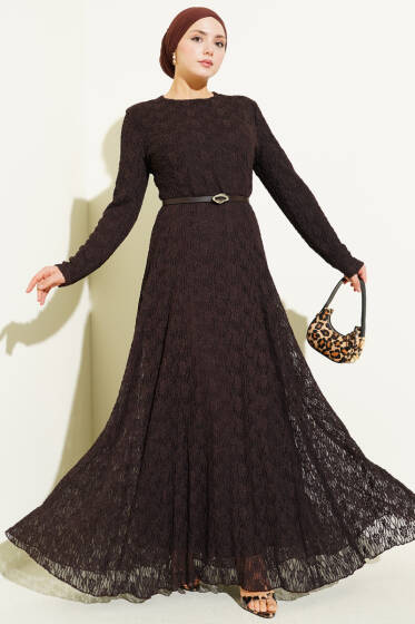 Kemerli Büzgü Dantelli Elbise Kahve - Elbise