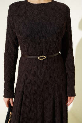 Kemerli Büzgü Dantelli Elbise Kahve - Elbise