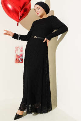 Kemerli Büzgü Dantelli Elbise Siyah - MODA NORVELLA