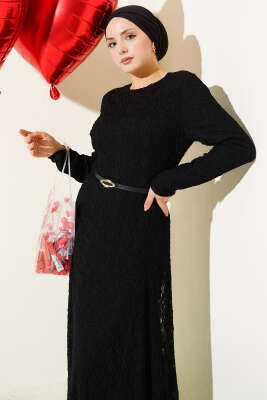 Kemerli Büzgü Dantelli Elbise Siyah - Elbise