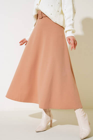 Kemerli Çan Etek Bej - Uzun Etek
