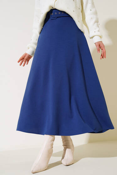Kemerli Çan Etek İndigo - Uzun Etek