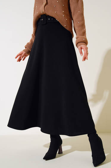 Kemerli Çan Etek Siyah - Uzun Etek