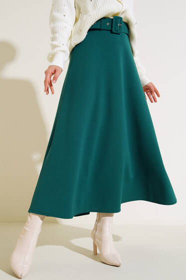 Kemerli Çan Etek Zümrüt Yeşili - Uzun Etek