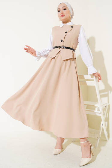 Kemerli Çapraz Düğmeli Yelekli İkili Takım Bej - İkili Takım