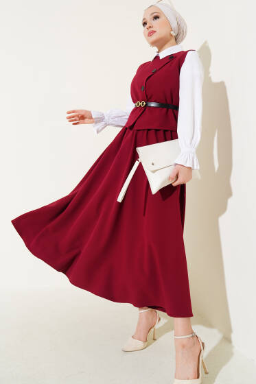 Kemerli Çapraz Düğmeli Yelekli İkili Takım Bordo - İkili Takım