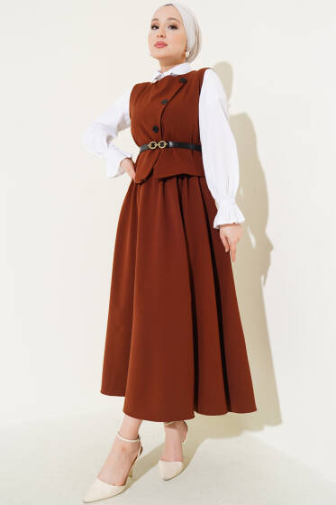Kemerli Çapraz Düğmeli Yelekli İkili Takım Kahve - İkili Takım