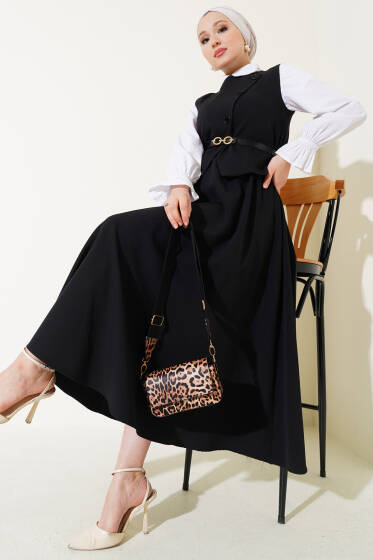 Kemerli Çapraz Düğmeli Yelekli İkili Takım Siyah - İkili Takım