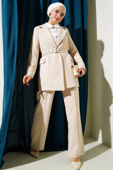 Kemerli Cep Kapaklı Ceket İkili Takım Bej - İkili Takım