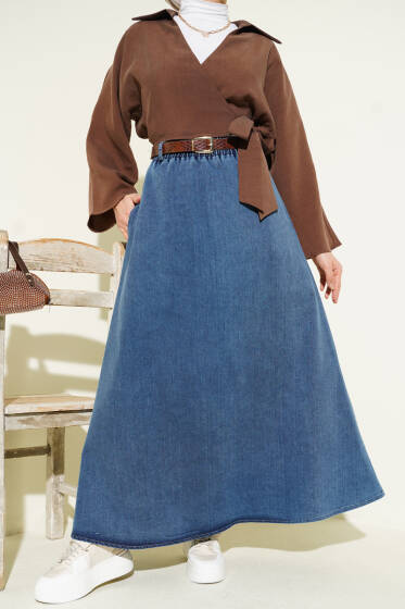 Kemerli Cepli Beli Lastikli Kot Etek Mavi - Etek