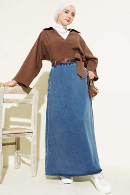 Kemerli Cepli Beli Lastikli Kot Etek Mavi - Etek