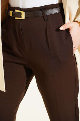 Kemerli Cepli Dar Paça Kumaş Pantolon Kahve - Pantolon