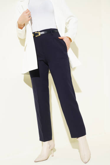 Kemerli Cepli Dar Paça Kumaş Pantolon Lacivert - Pantolon