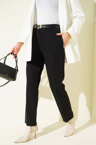 Kemerli Cepli Dar Paça Kumaş Pantolon Siyah - Pantolon