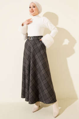 Kemerli Cepli Ekose Desen Etek Antrasit - Etek