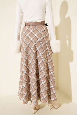 Kemerli Cepli Ekose Desen Etek Bej - Etek