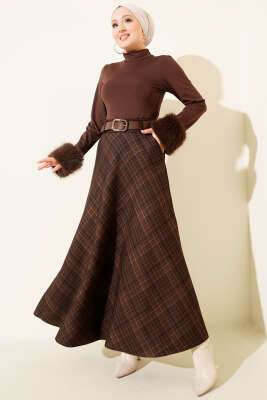 Kemerli Cepli Ekose Desen Etek Kahve - Etek