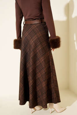 Kemerli Cepli Ekose Desen Etek Kahve - Etek