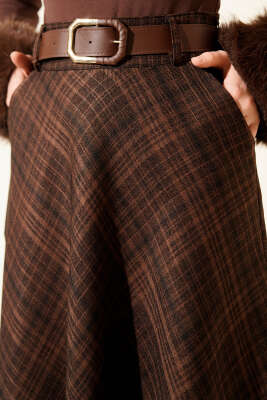 Kemerli Cepli Ekose Desen Etek Kahve - Etek