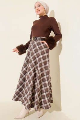 Kemerli Cepli Ekose Desen Etek Kestane - Etek