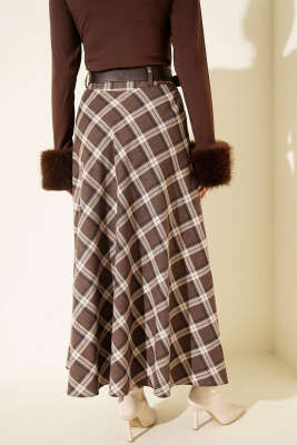 Kemerli Cepli Ekose Desen Etek Kestane - Etek