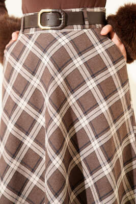 Kemerli Cepli Ekose Desen Etek Kestane - Etek