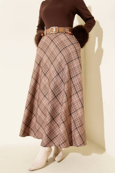 Kemerli Cepli Ekose Desen Etek Latte - Etek