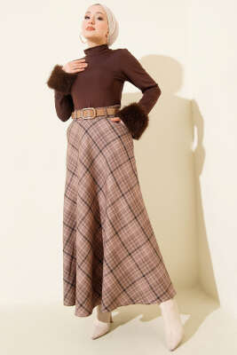 Kemerli Cepli Ekose Desen Etek Latte - Etek