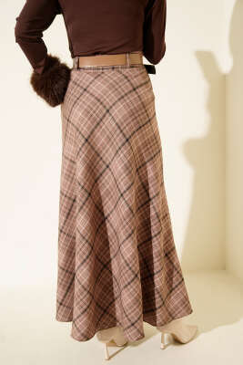 Kemerli Cepli Ekose Desen Etek Latte - Etek