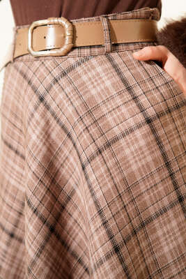 Kemerli Cepli Ekose Desen Etek Latte - Etek