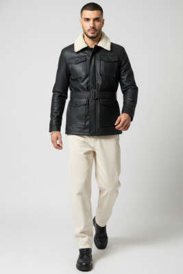 Kemerli Cepli Erkek Deri Ceket Siyah - Erkek Ceket