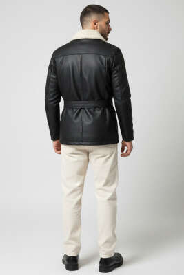 Kemerli Cepli Erkek Deri Ceket Siyah - Erkek Ceket