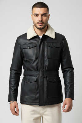 Kemerli Cepli Erkek Deri Ceket Siyah - Erkek Ceket