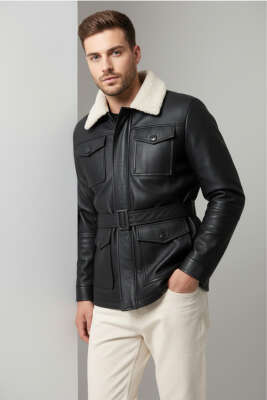 Kemerli Cepli Erkek Deri Ceket Siyah - Erkek Ceket